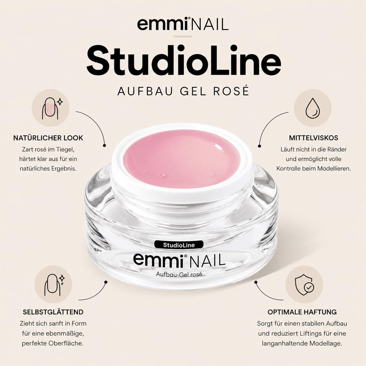 Emmi Nail Studioline Aufbau-Gel Rosé | LED UV Aufbaugel für Gelnägel | Perfekt für Naturnagelverstärkung & Nagelverlängerung | Mittelviskoses, selbstglättendes Builder Gel | HEMA-frei | 30ml