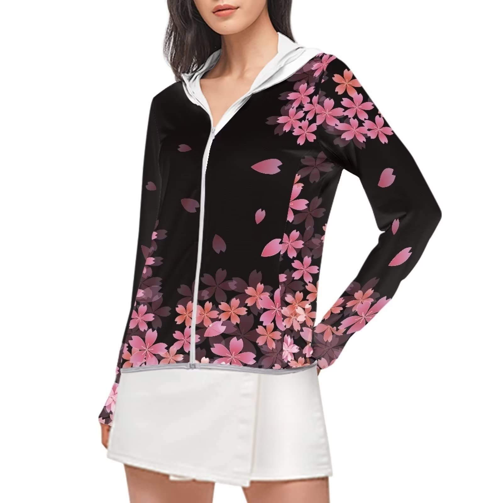 xixirimido Cherry Blossom Hoodie Pink Sakura Women's UPF 50+ Shirt Full Zip Lightweight Quick Dry Jacket for Cycling Outdoor Golf
