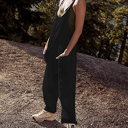Seeluna Womens Casual Sleeveless Jumpsuits V-Neck Spaghetti Strap Wide Leg Romper Overalls Jumpsuit With Pockets(Black,M) #TOP6