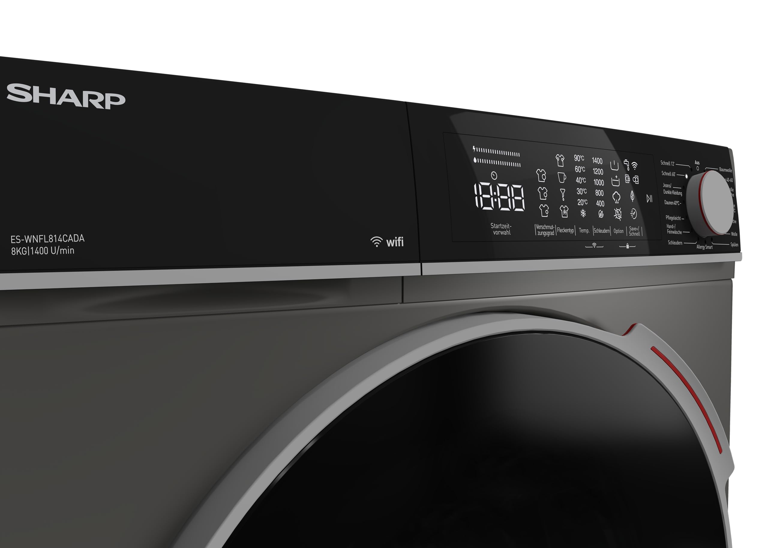 SHARP Waschmaschine ES-WNFL814CADA-DE – Frontlader 8 kg, Energieeffizienzklasse A, 1400 U/min, Advanced Inverter Motor, Super Silent, AquaStop, WiFi App-Steuerung, Dampffunktion, Espresso Gray