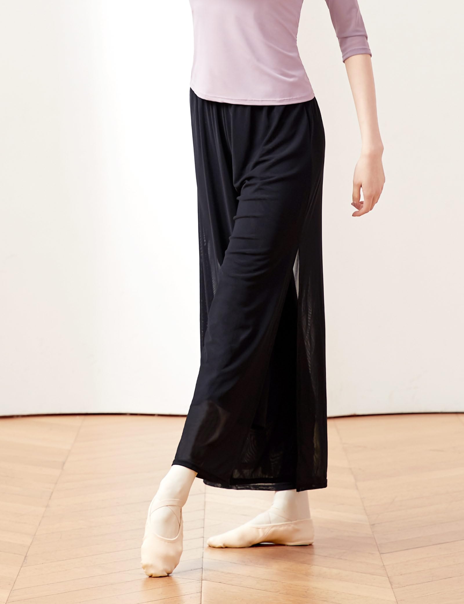 Daydance Black Women Palazzo Dance Pants, Side Slit 2 Layers Loungewear for Athletic, Yoga