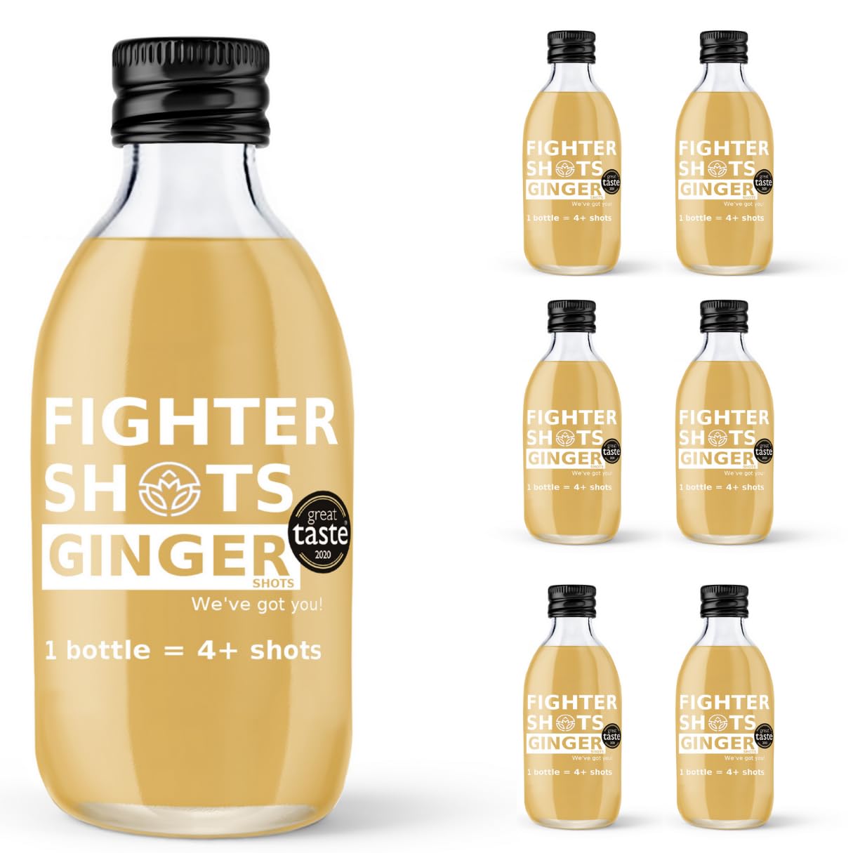 Botellas Dosificadoras de Fighter Shots de Jengibre (6x250ml/24+ Shots) | Galardonados frescos e intensos shots de jengibre | Aumenta la Energía | 100% Natural/Sin Gérmenes Desagradables