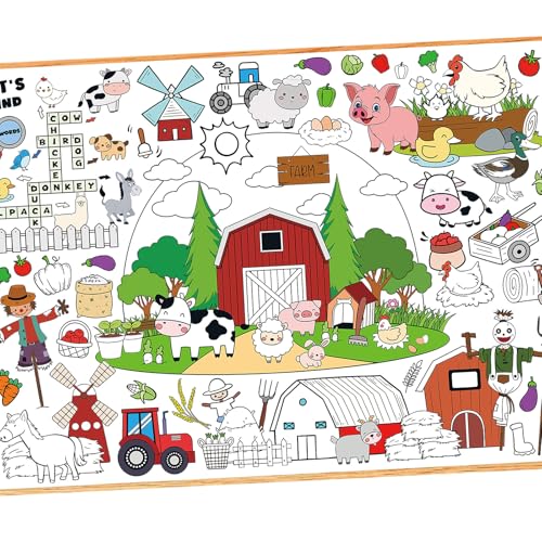 Leezead Farm Animal Party Giant Coloring Poster, 43.3X 31.5 Inch Farm Coloring Tablecloth Farm Giant Coloring Poster Art Crafts for Classroom Wall Decor Farm Themed Activities Party Supplies