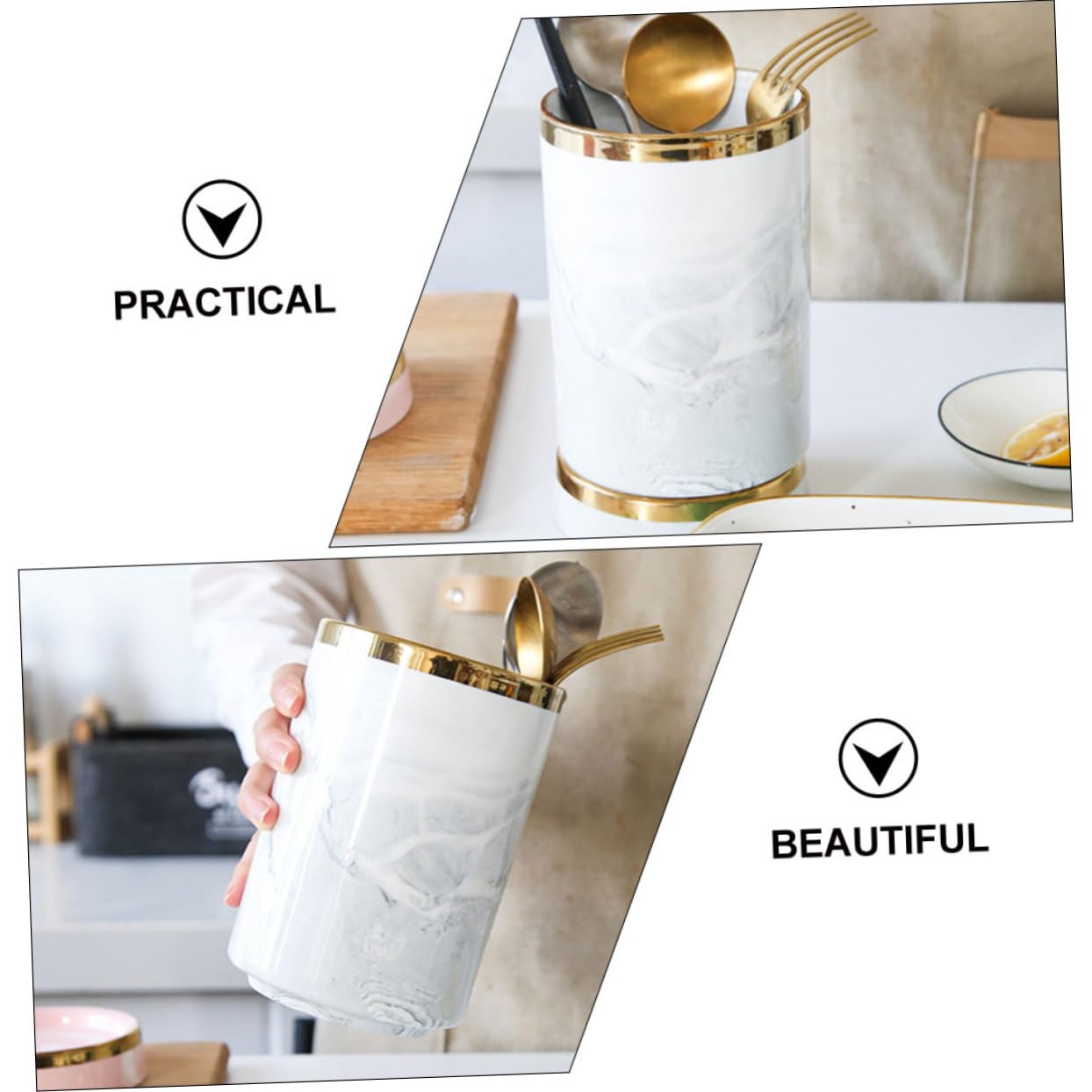 Gatuida Porte-ustensiles de Cuisine Céramique Motif Marbre Gris avec Bord Doré Grand Organisateur pour Couverts Baguettes Cuillères et Spatules Support Pratique pour Plan de Travail