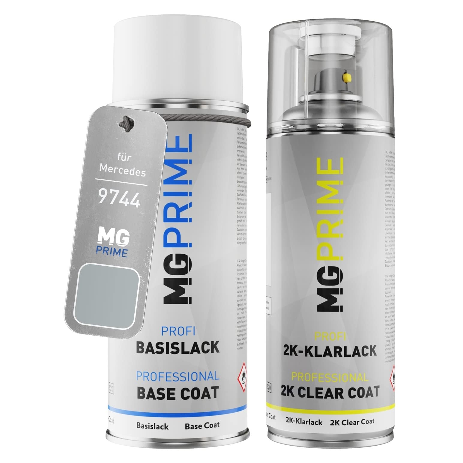 MG PRIME Vernice per auto Kit bombolette spray 2K per Mercedes 9744/744 Brillantsilber Metallic/Brilliant Silver Metallic Vernice di base 2 componenti vernice trasparente