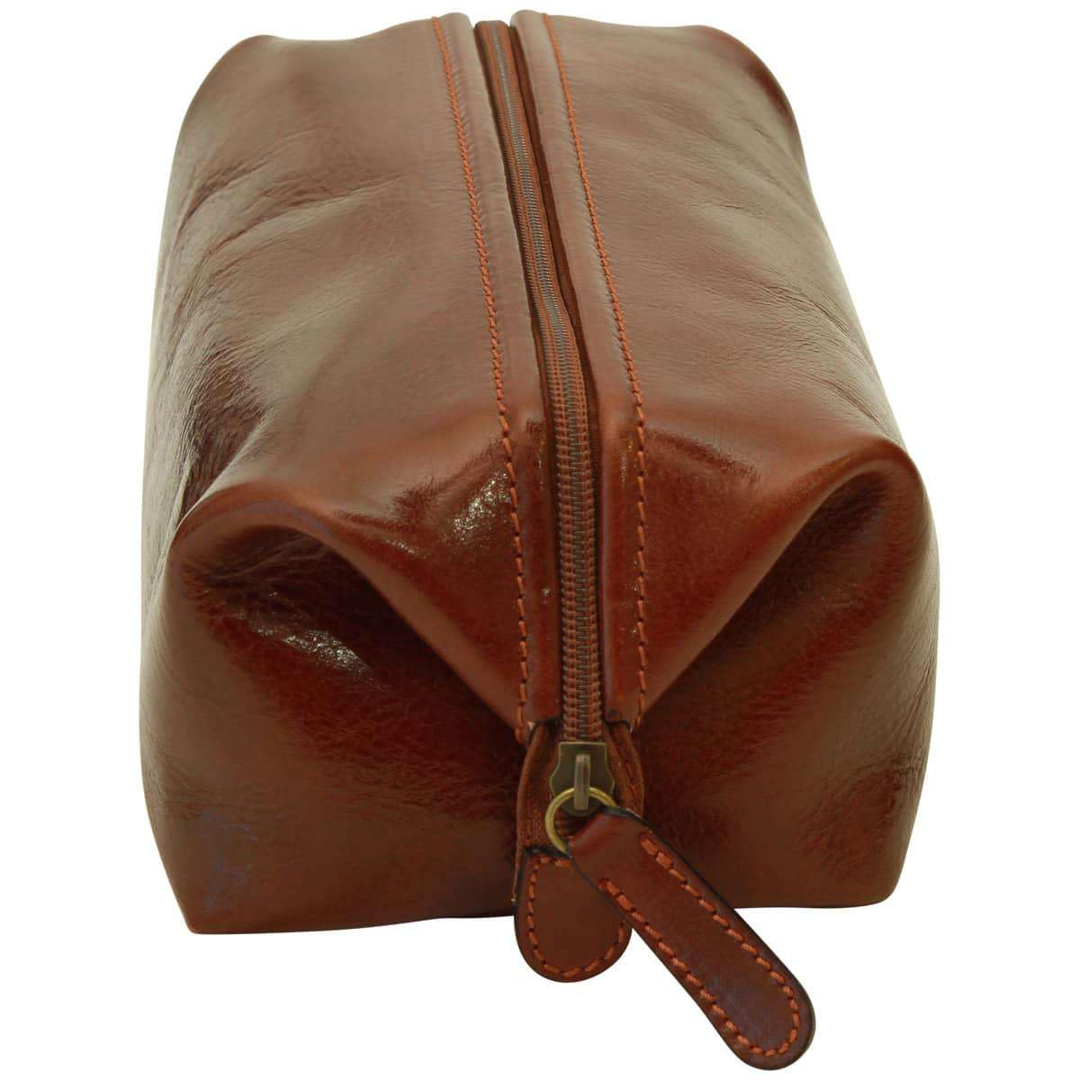Elegante Beauty Case in Pelle Marrone, Necessaire da Viaggio in Vera Pelle Pieno Fiore, Custodia per Toiletry con Cerniera e Fodera Interna, Fatto a Mano