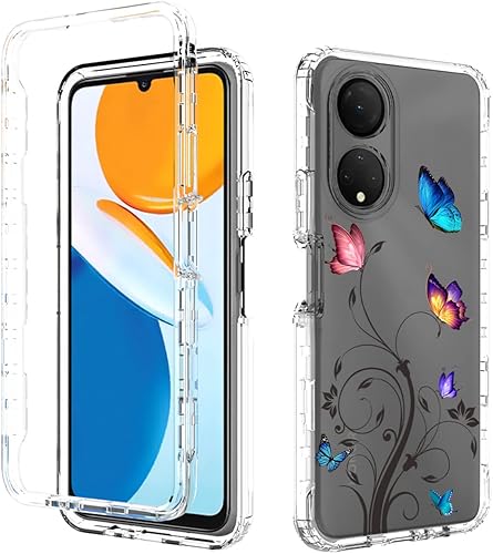 Miniatura 6 de Funda para Honor X7, CMA-LX2 CMA-LX1 con protector de pantalla de vidrio templado, lindo patrón de mariposa transparente de cuerpo completo funda