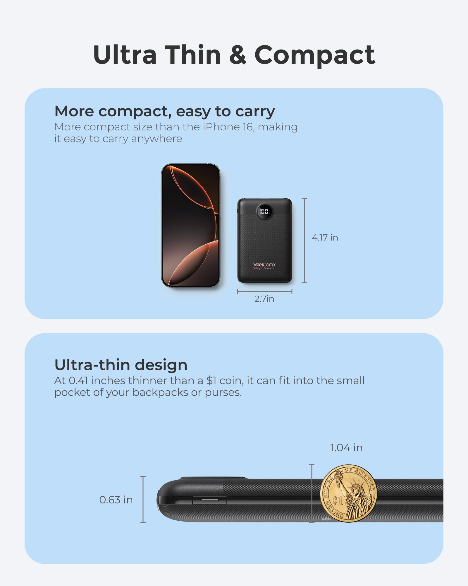 VEEKTOMX Power Bank - Caricabatterie portatile USB C da 10000 mAh con PD QC 3.0, batteria esterna compatta per iPhone, Samsung, Travel Essentials (nero)
