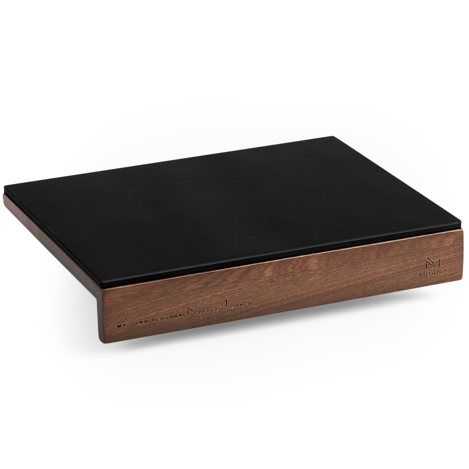 MUVNA Espresso Tamping Mat - Premium Walnut Wood with Silicone Pad, Compact Corner Design for 51/54/58mm Portafilter, Non-Slip Barista Station