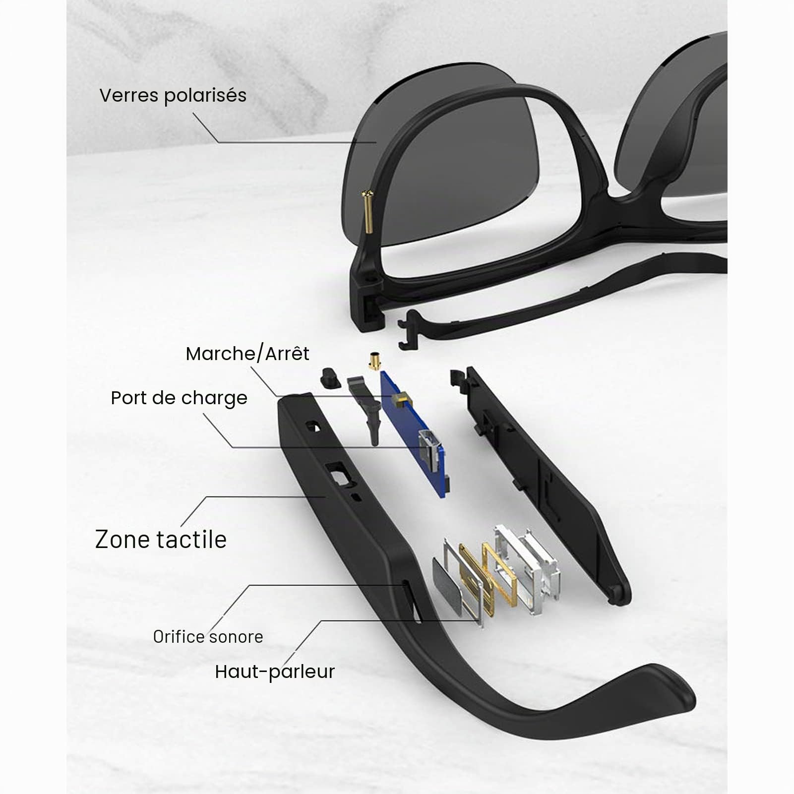 Lunettes Intelligentes, Lunettes de Audio Bluetooth sans Fil Micro et Haut-Parleur Intégrés Commande Vocale Appel Mains Libres, Écouteurs Multifonctions sans Fil à Oreille