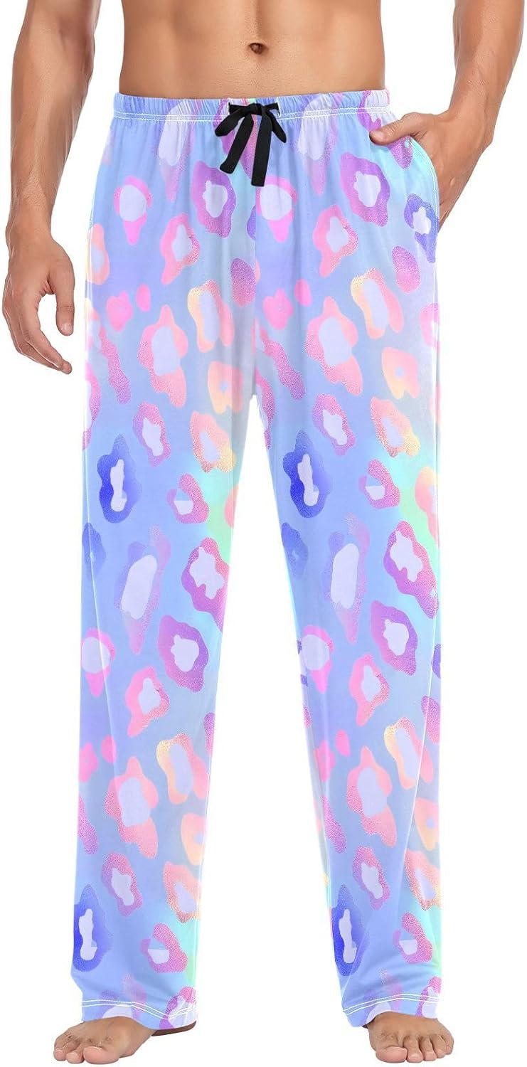 ALAZA Cheetah Print Leopard Rainbow Gradient Men's Pajama Pants Men Cotton Pajama Bottoms with Pockets, S