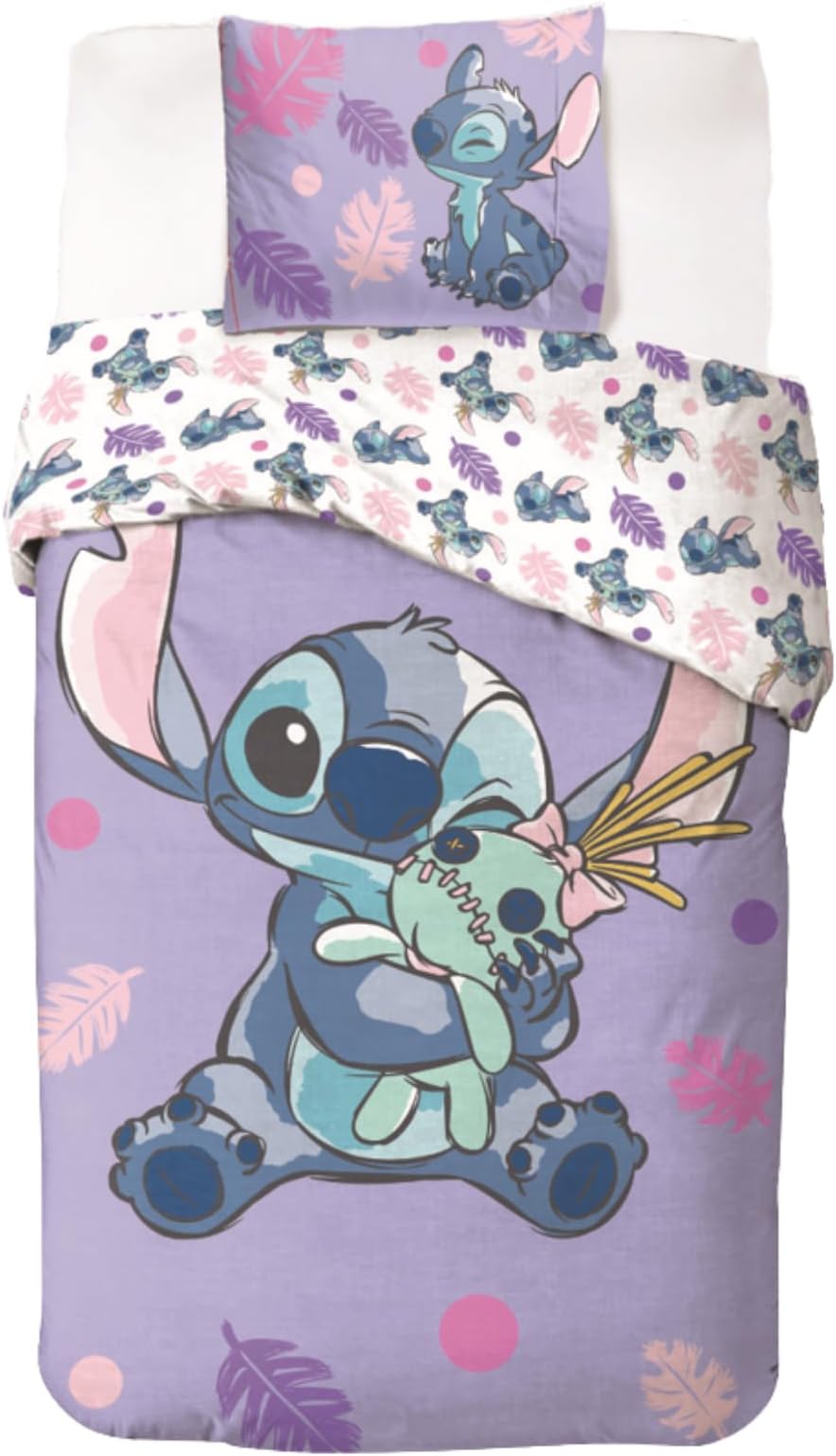 Stitch Purple Bedding Set 140 x 200 cm with Pillowcase 60 x 70 cm – Children's Duvet Cover 100% Cotton – Lilo & Stitch Design – Official Bedding, Soft and Easy Care