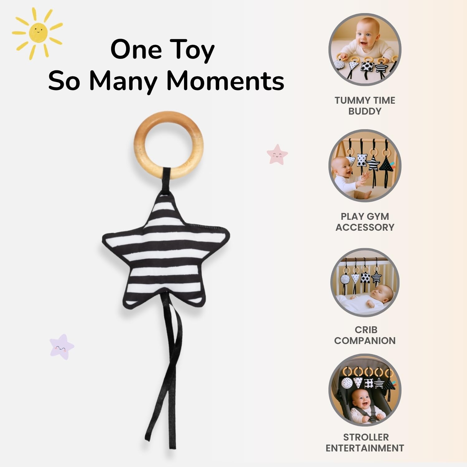 Tidy Sleep Baby Sensory Toys Pack of 3 | Black and White Newborn Visual Stimulation Toy with Neem Wooden Rings | Soft Shapes for Infant Brain Development | Montessori Crinkle Toys 0-12 Months - Image 5 thumbnail