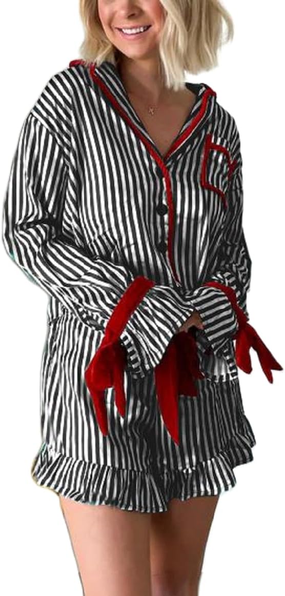 SOOKABEILA Women Christmas 2 Piece Pajamas Set Y2k Bow Tie Long Sleeve Shirt Wide Leg Pants Cute Print Matching Pjs Sets