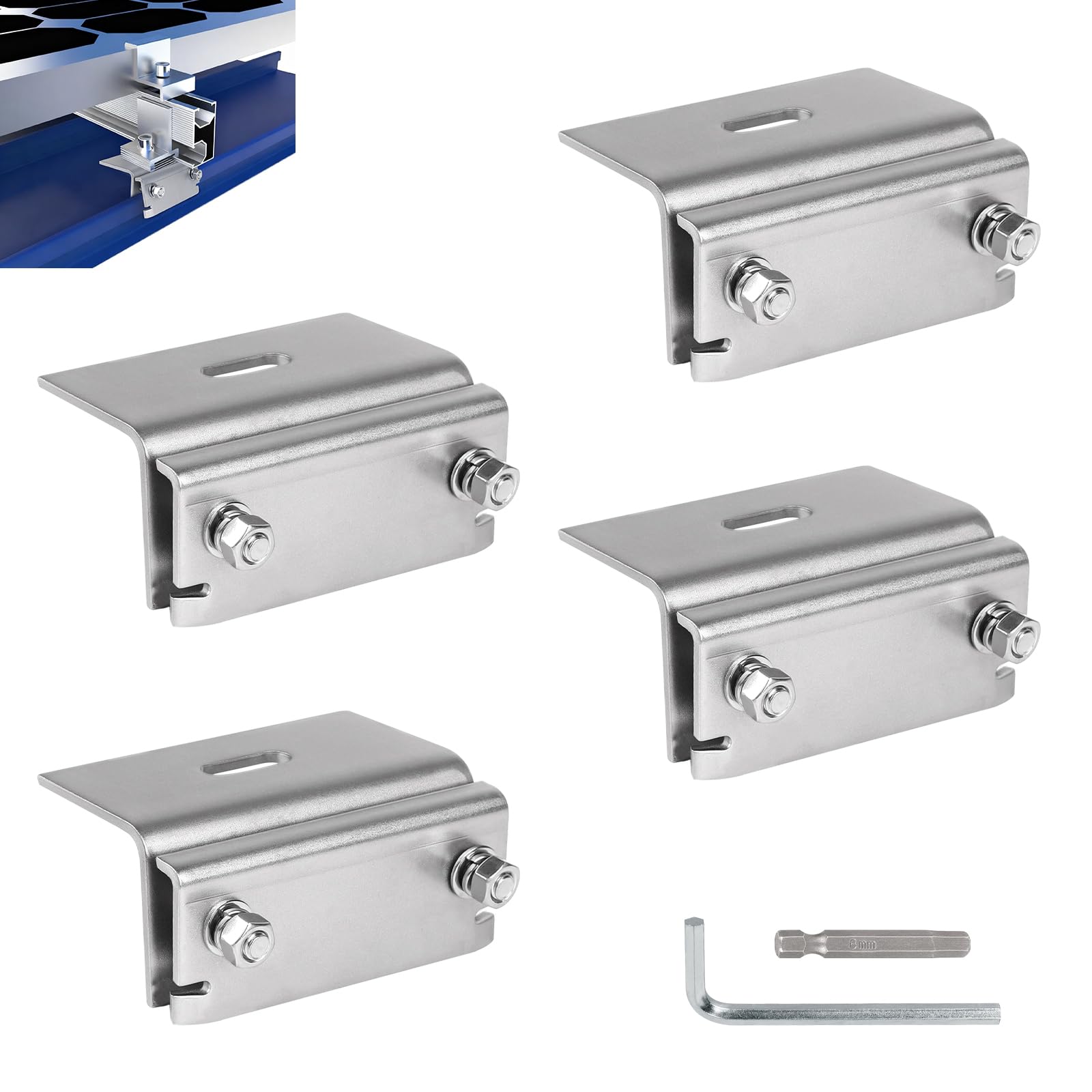 4 Pezzi Morsetti per tetto in acciaio inox 304 Fissaggi solari per pannelli fotovoltaici, Morsetti per tetti metallici e a greca, pannelli solari, resistenti alla corrosione e durevoli Argento