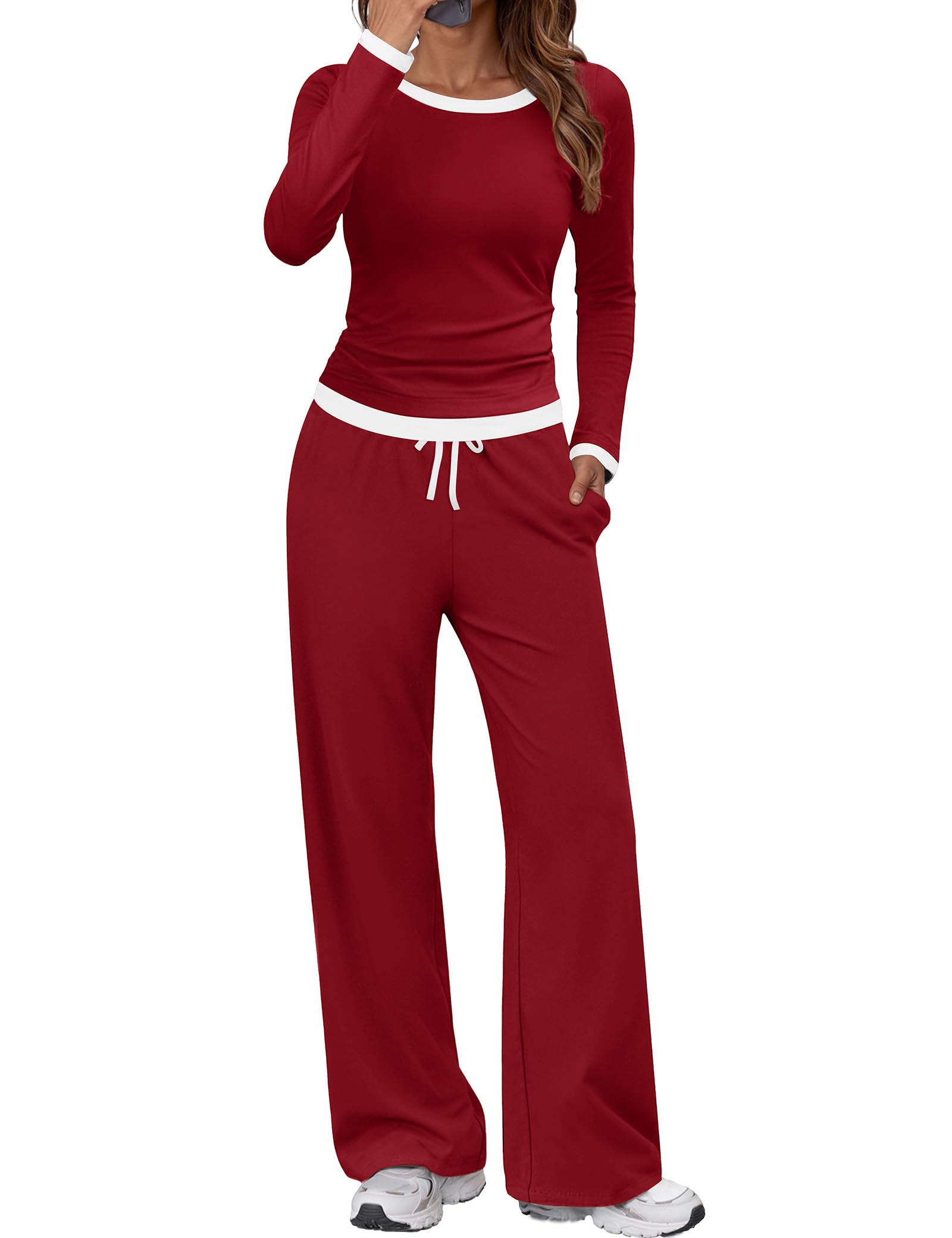 SHESHOW Women 2 Piece Outfits Long Sleeve Tops Wide Leg Pants Casual Matching Lounge Sets for Women XS-XXL