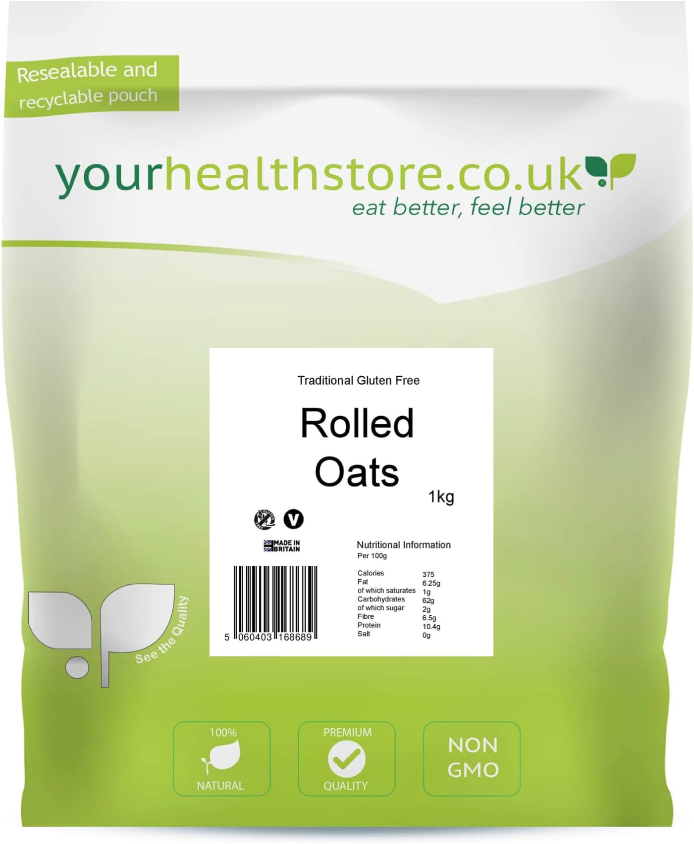 yourhealthstore Traditional Gluten Free Pure Whole Grain Rolled Oats 1kg