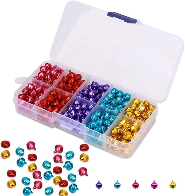 300 Pcs Colorful Small Jingle Bells with Storage Box, Small Mini Bells Metal Bells DIY Craft with Storage Box in 5 Colors for Christmas, Festival Party Decorations and Jewelry Making 5 Colors 8mm