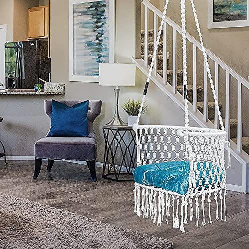 Image of Patiofy Premium Swing for Balcony /Jhula for Adults /Jula with Blue Cushion & Accessories for Indoor & Outdoor (White)