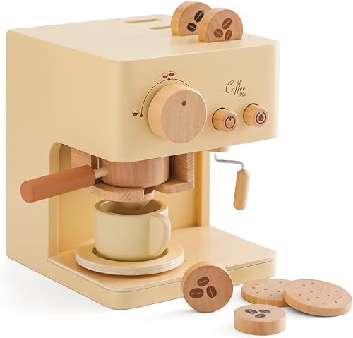 ibwaae Cafetera para niños, 10 piezas, juego de cafetera de juguete, juego de cocina de madera, juguetes para niños pequeños, accesorios de cocina,
