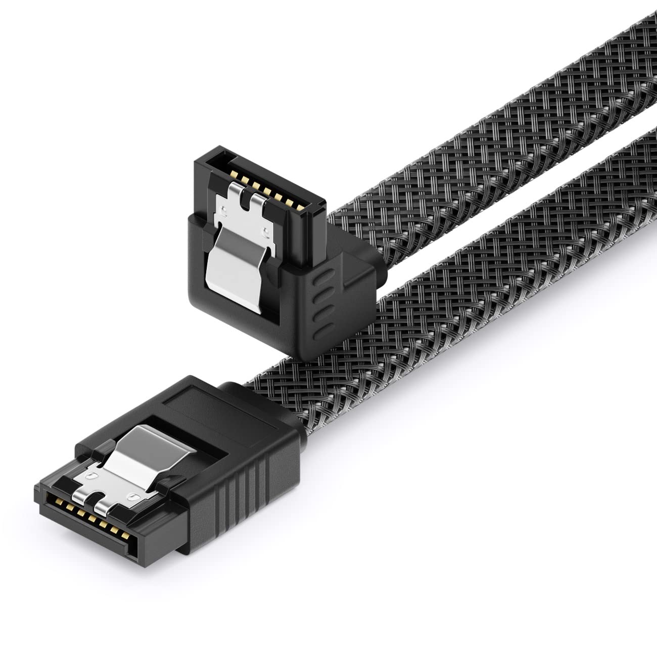 deleyCON 30cm SATA 3 Kabel Nylon 6 Gbit/s Datenkabel SATA III Anschlusskabel Serial ATA Verbindungskabel für Mainboard & Festplatte HDD SSD 1 S-ATA L-Stecker 90° Gewinkelt Schwarz