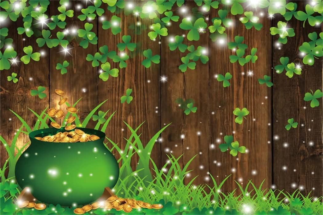 DASHAN 10x8ft Polyester St.Patrick's Day Photography Backdrop Glitter Green Lucky Irish Shamrock Pot of Gold Grassland Brown Wood Background for Newborn Kid Baby Shower Cake Smash Studio Photo Props