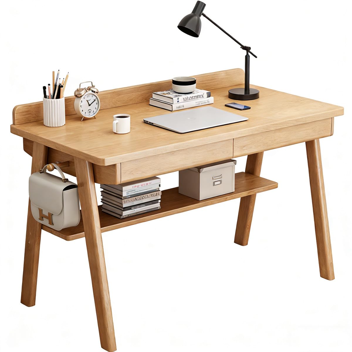 Scrivania compatta per computer con 2 cassetti, scrivania in legno massello per piccoli spazi, postazione di lavoro per casa, ufficio, studio, facile da montare, 80 cm in legno naturale