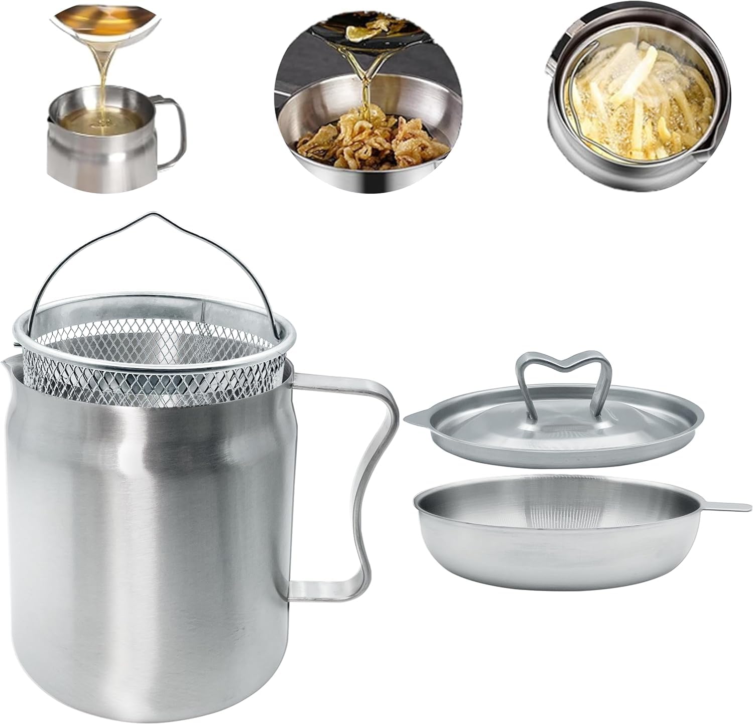 304 Stainless Steel, Large Capacity, Versatile Oil Filter Vessel, Stainless Steel Large Capacity Oil Fryer And Filter Cup Combo, Stainless Steel Oil Filter Pot with Strainer 2L