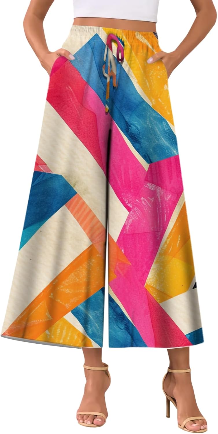 Floral Print Palazzo Pants for Women High Waist Wide Leg Summer Lightweight Loose Casual Trousers with Pockets