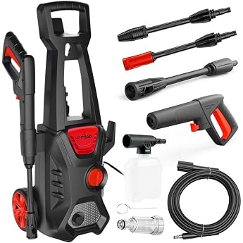 LEHMANN Jukon Pressure Washer, 1600 W, 480 l/h Flow Rate with 5 m High Pressure Hose, Gun, Lances and a Foam Lance, Surface C
