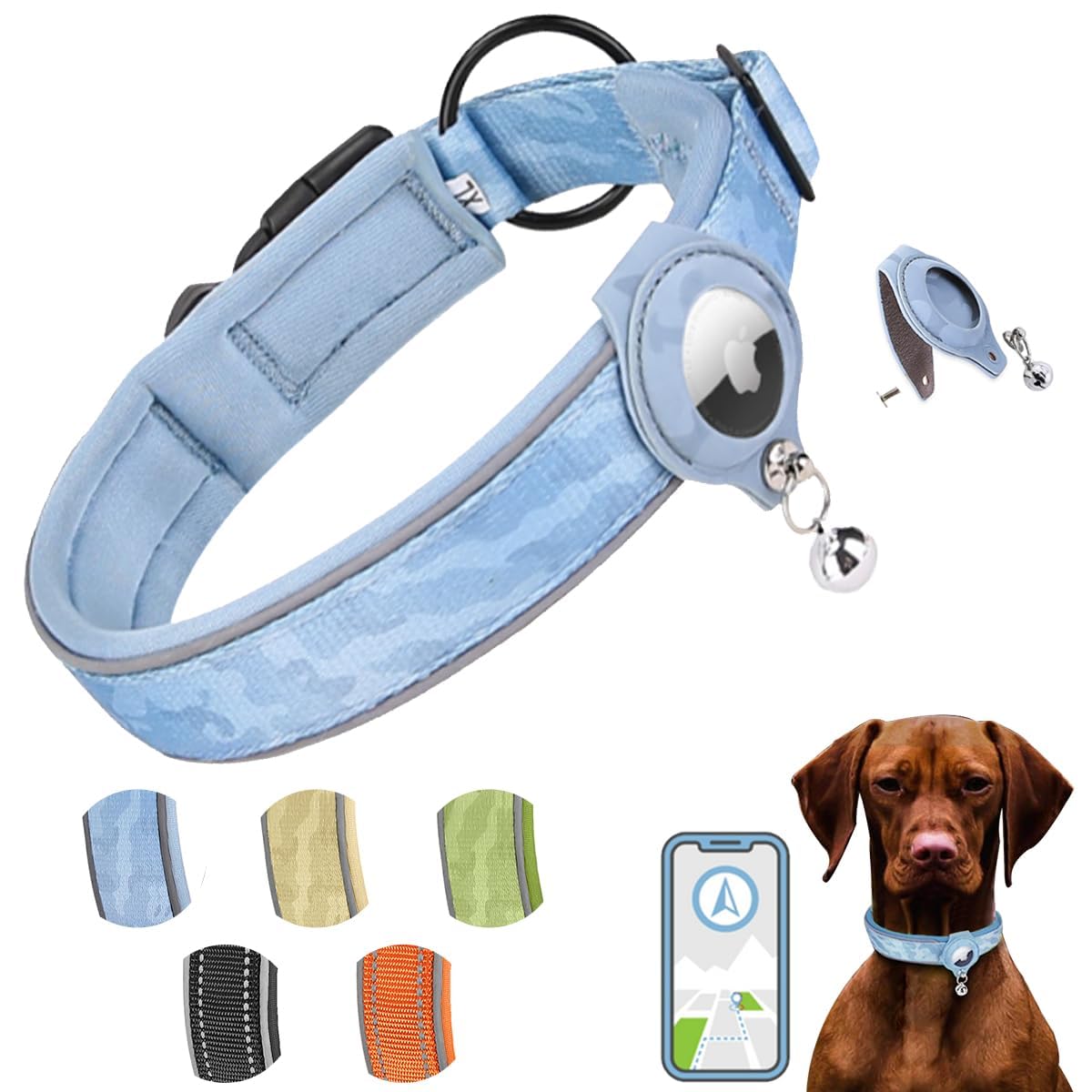 OBABO[Upgrade] Reflective Air-T-a-g Cat Dog Collar, Heavy Duty Padded Puppy Collar with Air-T-a-g Holder, Adjustable Air-T-a-g Pet Collar for Small Medium Cat Dogs (Blue M(15"-18"))