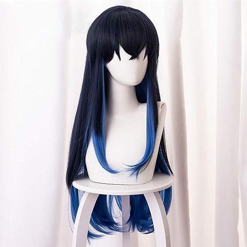 Miniatura 3 de Anime Demon Slayer Hashibira Inosuke Pelucas para mujer, largas, negro, mezclado, azul, recto, fiesta, cosplay, accesorios de Halloween