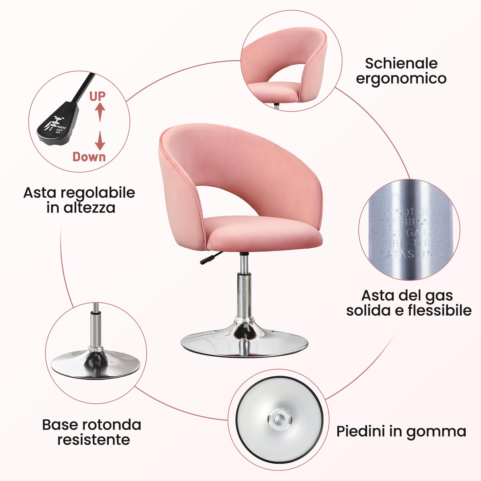 Poltrona da Trucco, Poltrona da Bar Girevole Regolabile in Altezza, Poltrona Salone Parrucchiera con Schienale Braccioli, Sedia da Pranzo Sedia da Cucina per Camera da Letto Soggiorno, Rosa