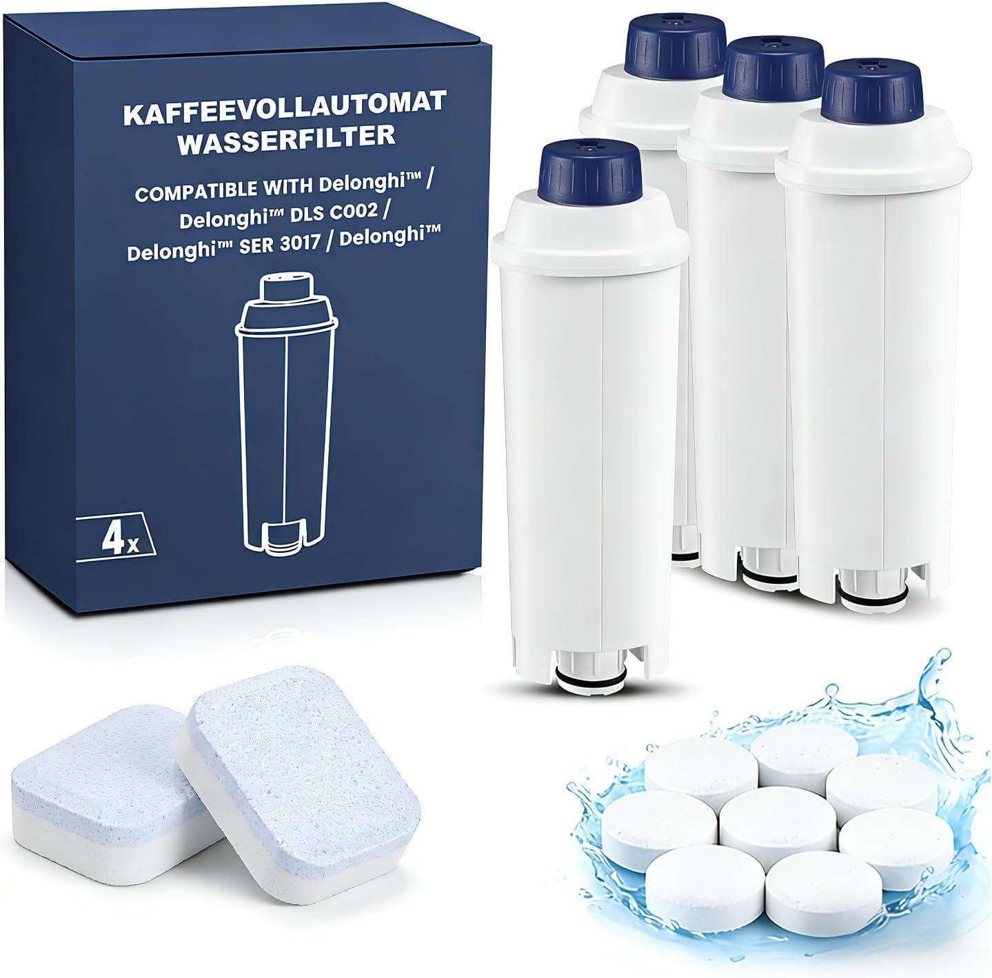 Mutital Kit Mantenimiento para De'Longhi (14 pzs): 4 Filtros Agua (Sustituye DLSC002), 2 Descalcificadores y 8 Pastillas Limpieza - Compatible con Magnifica, Dinamica, ECAM, ETAM, ESAM