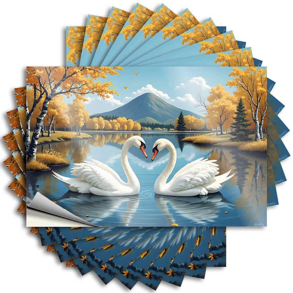 Saying Room Decore Easy Apply | Swans in Love: A Heart-Shaped Reflection On Autumn's Lake Fluffy Water Peel and Stick(12X18CM)
