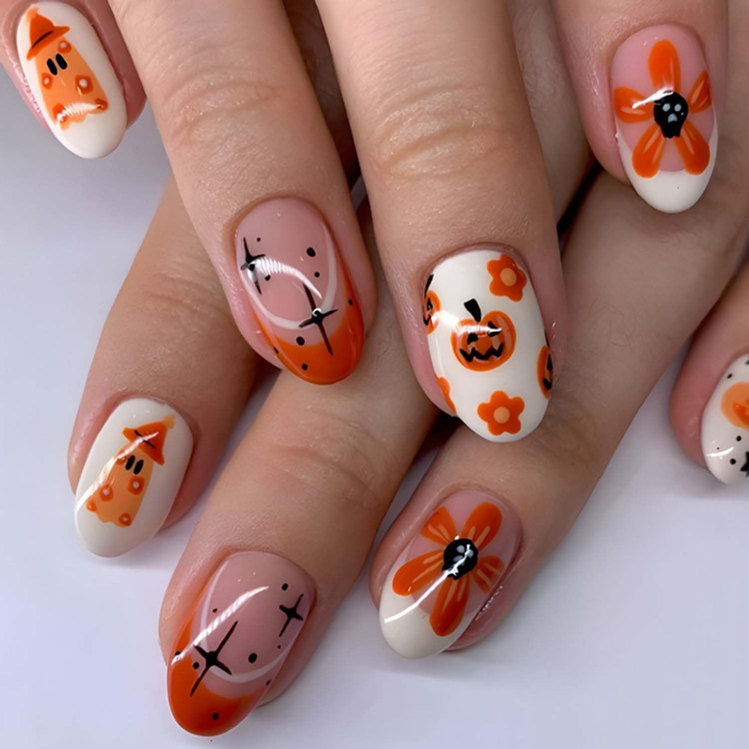 Orange Halloween Press on Nails Cute Pumpkins Fake Nails Oval Shape False Nails with Orange French Ghost Designs Short Glue on Nail Halloween Flower Acrylic Nails for Manicure Art Pattern-8