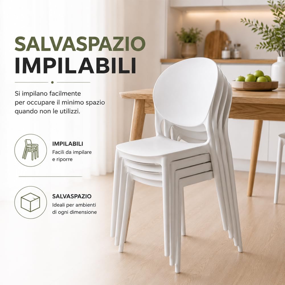 BAKAJI Set 4 Sedie da Pranzo Impilabili Salvaspazio Modello Milano, Struttura Resistente Polipropilene, Seduta Ergonomica Ideale per Interno, Esterno, Casa, Giardino, Ristorante, Bar, 48 x 40 x 80 cm