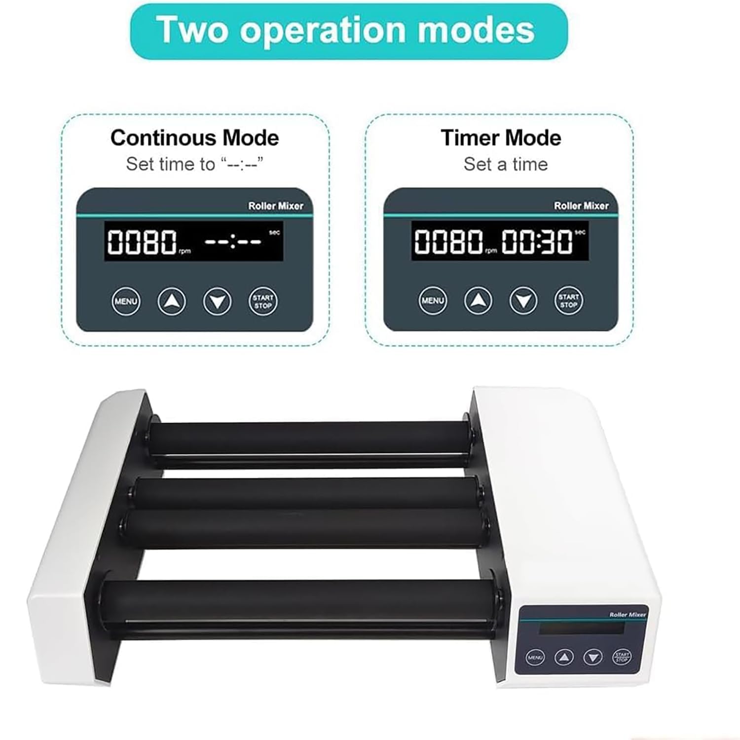 Mezclador digital de rodillos, agitador de botellas de laboratorio de 4 rodillos, velocidad 20-80 RPM, capacidad de hasta 1 litro de botella de reactivo o 2 kg, temporizador de 1 min-23 h59 min, para