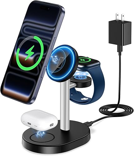 Miniatura 13 de Estación de carga inalámbrica 3 en 1 2026 para cargador Apple MagSafe, soporte de cargador magnético rápido de 15 W para iPhone 17, 16, 15, 14, 13