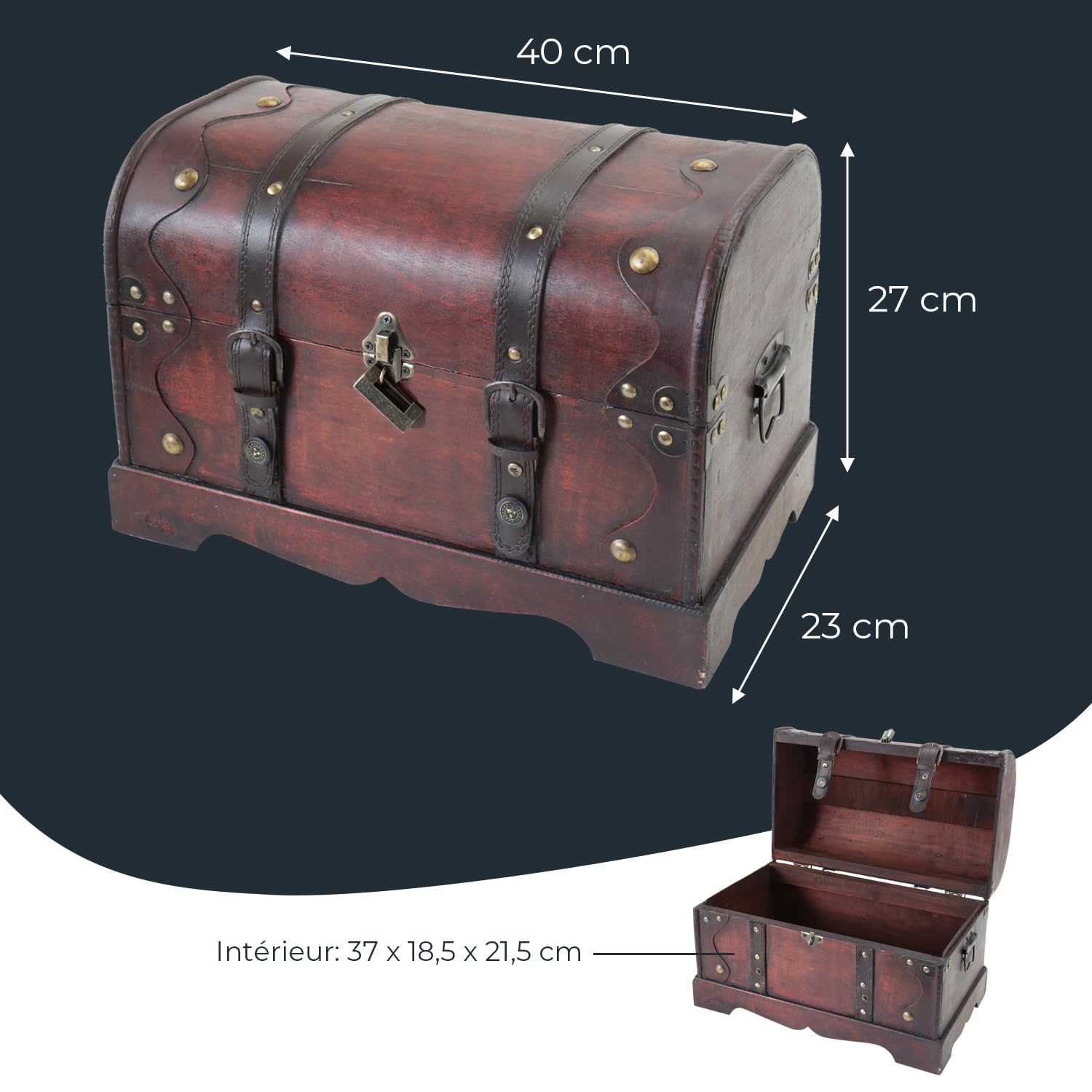 HMF Coffre au trésor en bois, grand coffre au trésor avec serrure décorative pour anniversaire d’enfant | 40 x 23 x 27 cm | Cambodge