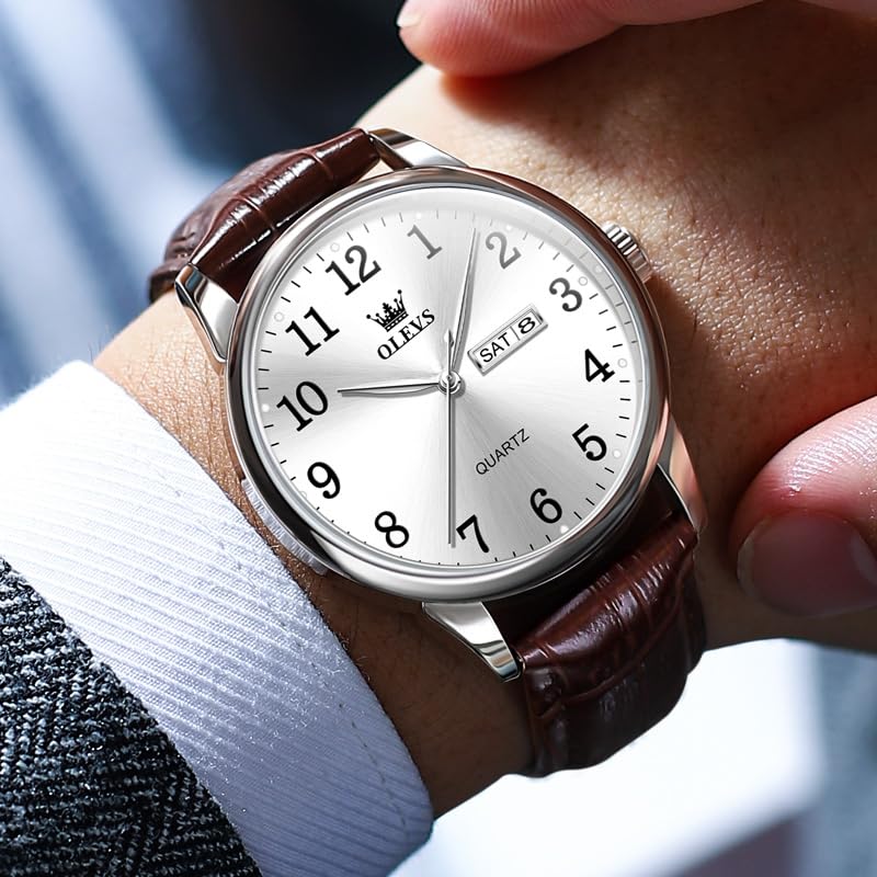 OLEVS Mens Watches Leather Band Simple Big Face Watches for Men Easy to Read Date Casual Men's Watch Waterproof Luxury Mens Wrist Watch Classic Analog Quartz Dress Watch for Men