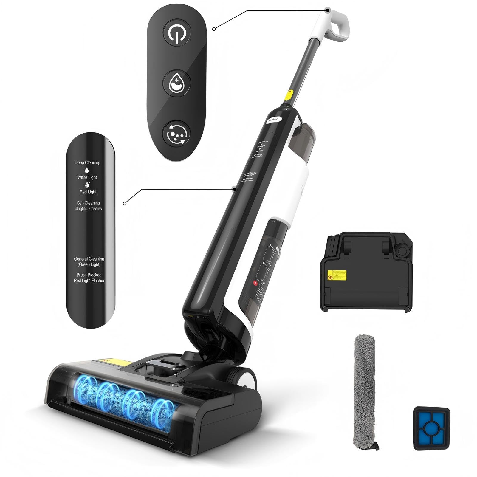 W12SE Wischsauger, Intelligenter kabelloser Wischsauger, Anti-Haarverwicklung, Elektrolytische Desinfektion, 1,15L Doppelbehälter