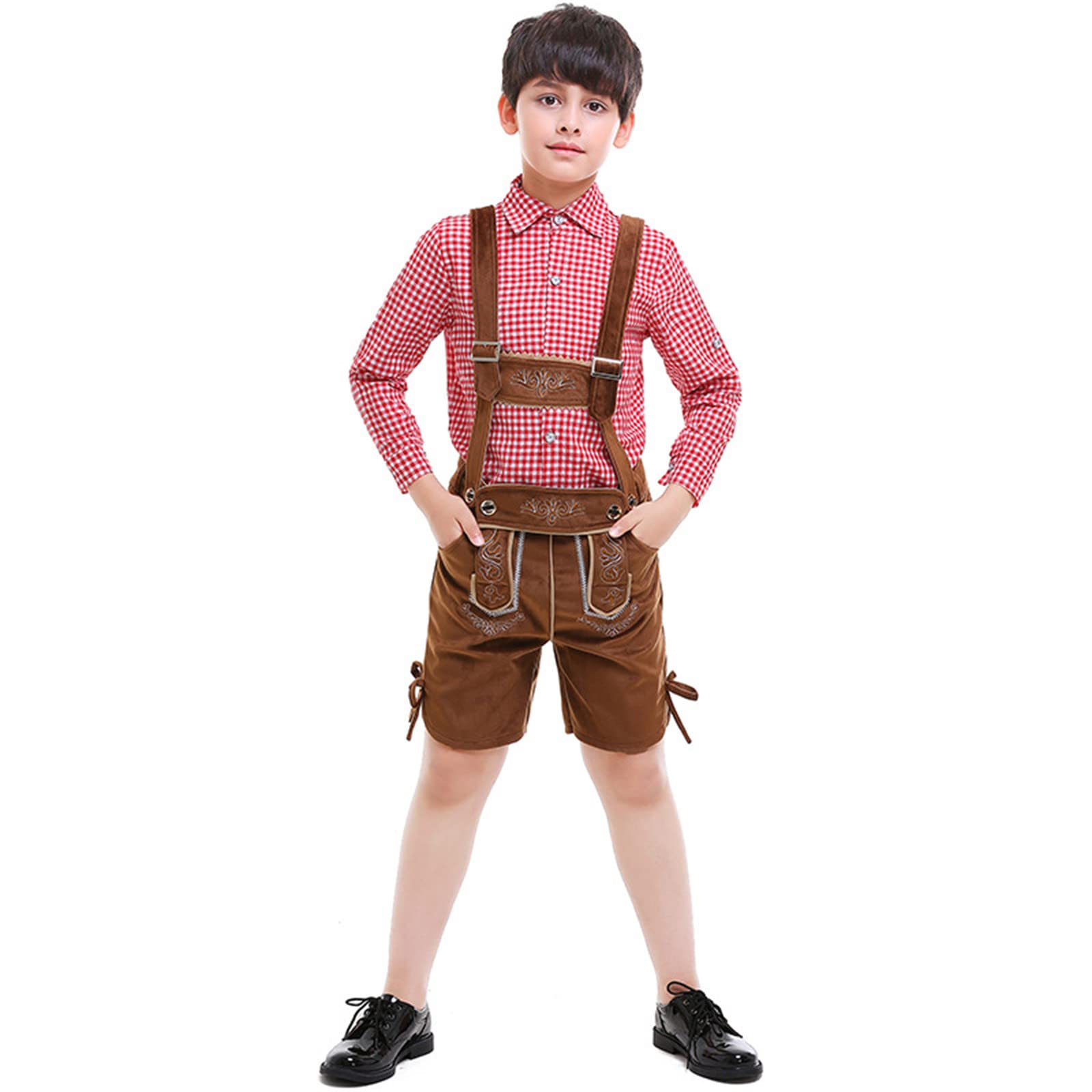 Kinder Trachten Lederhose Jungen Mädchen Kurze Trachtenhose Mit Kariert Trachtenhemd Und Trachtensocken Trachten Arbeitshosen Baumwolle Cosplay Outfit Für Oktoberfest Trachtenhose Lederhose Jungen