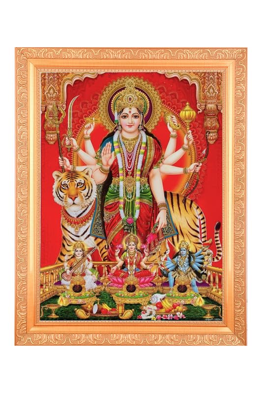BM TRADERSDurga Saraswati Lakshmi Kali Zari Art Work Photo In Golden Frame Big (14 X 18 Inches)