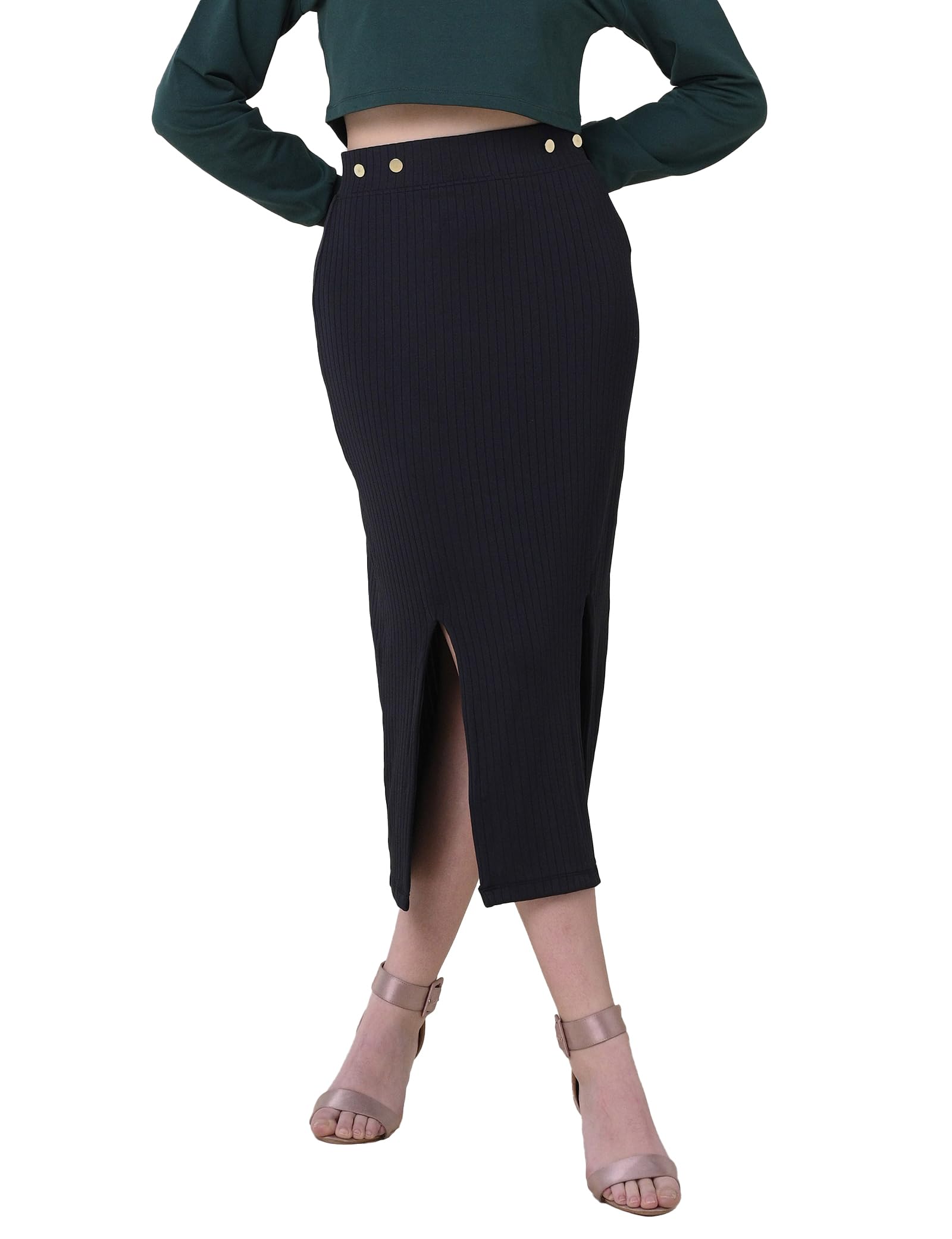 Enorsia Women's Black Button Front Texture Rib Midi Skirt With Front Through Design On The Waist, Flattering Silhouette With Drape And Comfortable Fabric And High Fashion Button Details (,18)