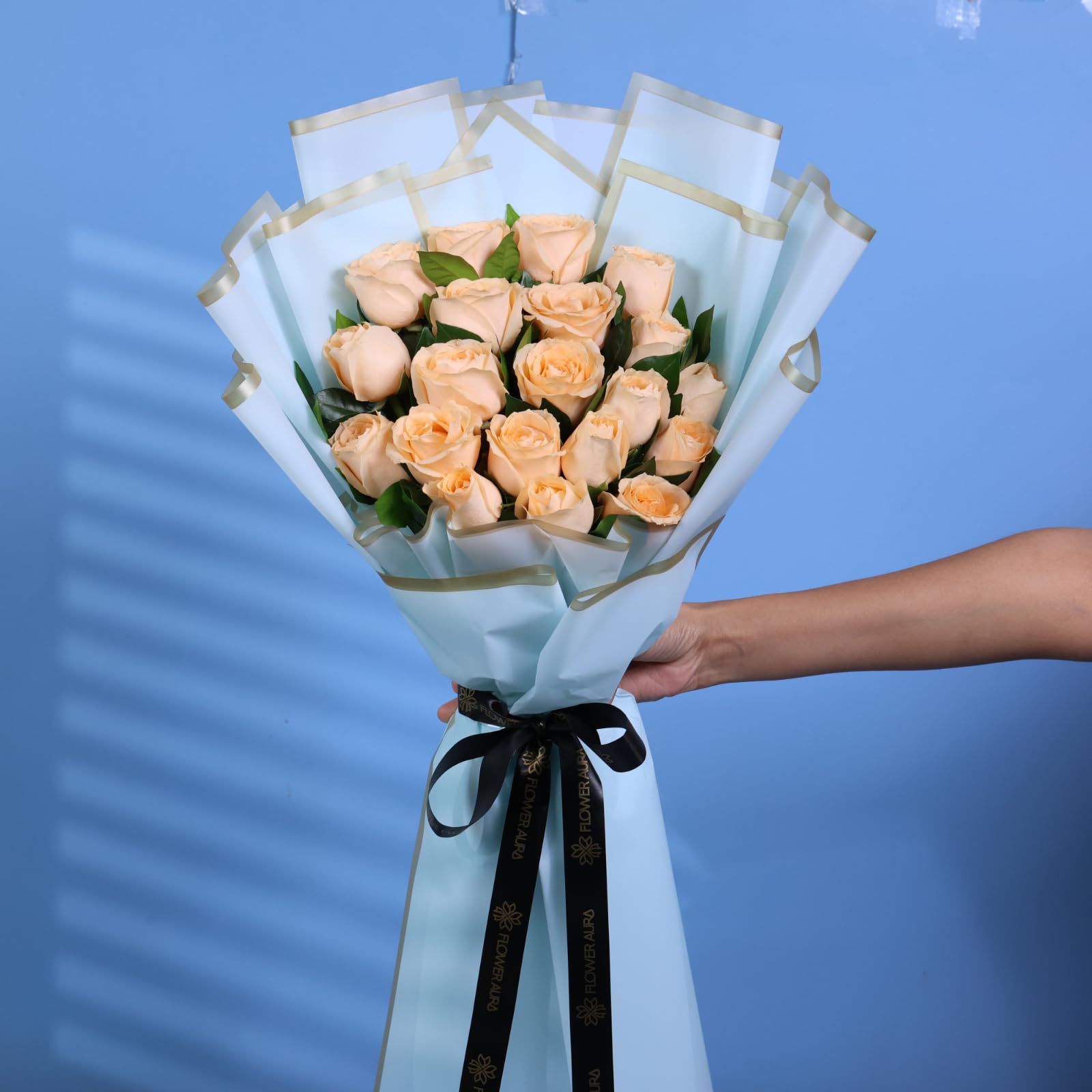 FlowerAura Premium Fresh Live Flower Bouquet of 20 Peach Roses For Birthday Gift, Anniversary Gift, Wedding Gift, Rose Day Gift, Valentine's Day Gift, New Year Gift (Same Day Delivery)-image-8
