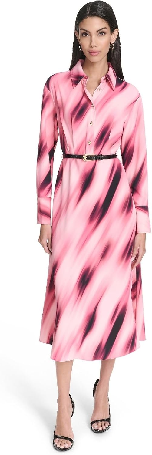Halston Women's Long Sleeve Abstract Print Maxi Belted Shirt Dress