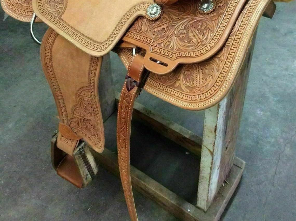 Western Horse Saddle Wade Tree A Fork Ranch Roping Work Handmade Tooled Carved Premium Leather Equestrian Trail Horse Saddle for Horse Riding Size: 10-18 inches Seat, OS57