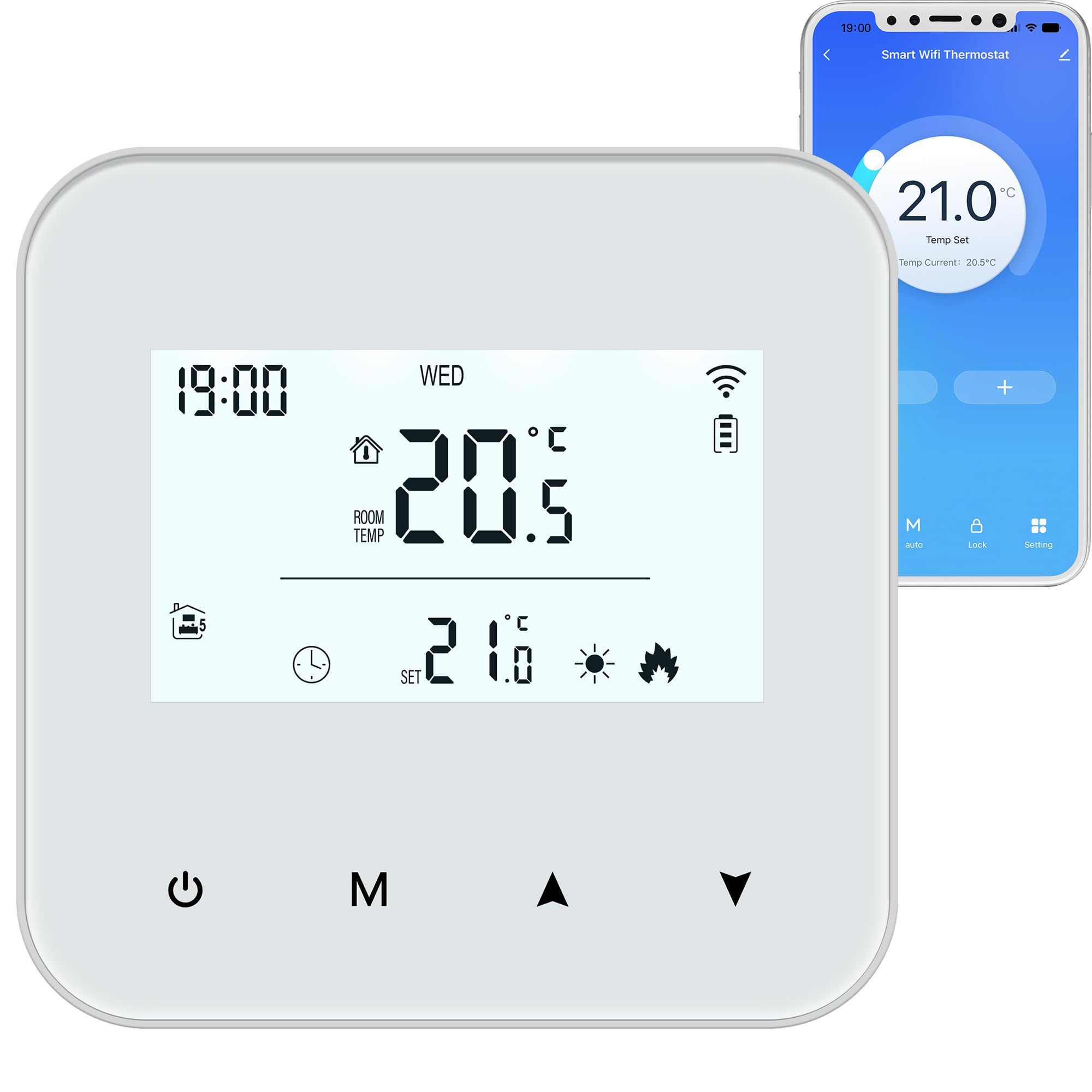 Wi-Fi thermostat with battery for gas boilers, 2 wire heating thermostat. Daily programmable remote control through the Smart Life application, compatible with Alexa Voice Control
