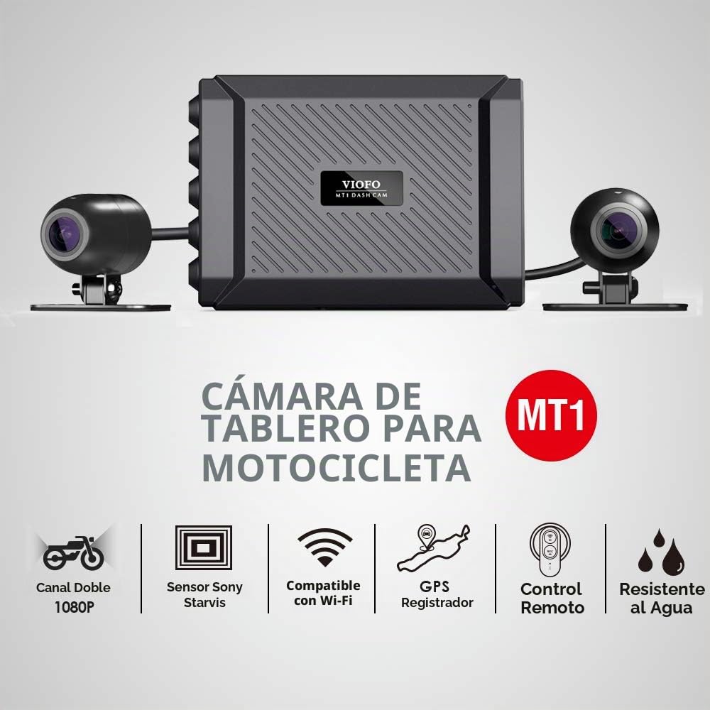 VIOFO MT1 - Cámara para salpicadero de motocicleta delantera y trasera 1080P de doble canal, resistente al agua, ángulo de 170 grados, encendido/apagado automático, tarjeta SD de 32 GB incluida